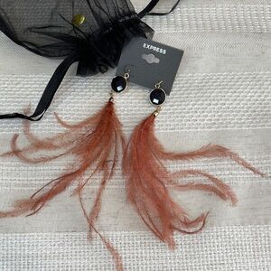 Express Womens Rust Feather Drop Earrings with Navy Gem Accents
